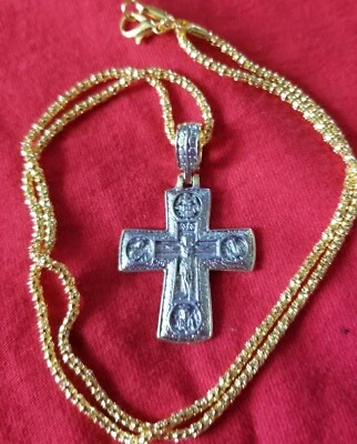  Collar Colgante Cadena Cristiano Cruz Griega Rusia Ortodoxa Chapado en Oro 18K Foto 1 de 4