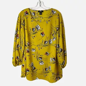 Alfani Women's Blouse Plus Size 0X Mustard Yellow Floral Print Long Sleeve Tunic - Picture 1 of 6