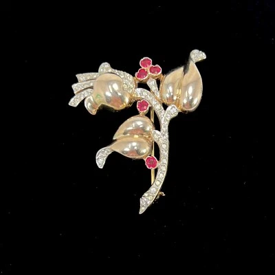 Vtg 1930s REJA Sterling Silver Heart Shaped Leaves Red White Rhinestone Brooch - Image 1 of 4