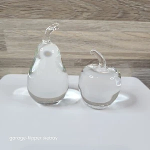 Polished Glass Apple And Pear Fruit Set Heavyweight Crystal Clear Art Glass - Picture 1 of 12