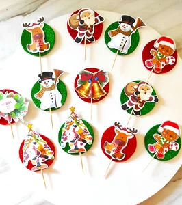 12 Christmas Cupcake Picks Christmas Party Decorations Cupcake Toppers - Picture 1 of 2