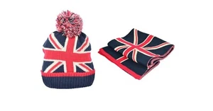 UNION JACK KNITTED SCARF AND BOBBLE HAT SET GREAT BRITAIN FLAG BRITISH - Picture 1 of 4