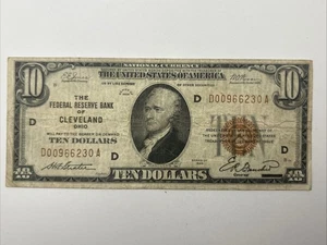 1929 $10 National Currency Cleveland Ohio Federal Reserve Ten Dollar Bank Note - Picture 1 of 2
