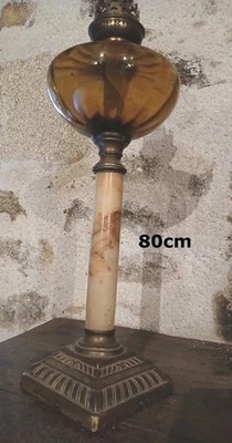 Lampe à pétrole 80cm, en onyx,  couleur ambre et verre en cristal de Gouzon - Photo 1/4