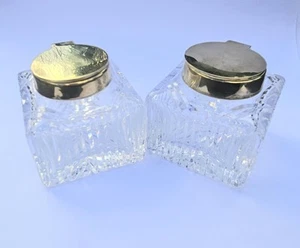 PAAR GROSSE HOCHWERTIGE SCHWERE MESSING GELÄNDER KRISTALL GESCHLIFFENES GLAS TINTENFASS TINTENFLASCHEN - Bild 1 von 9