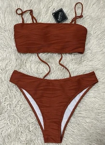 ZAFUL Women Bandeau Lace Up Ribbed High Cut 2 Piece Cheeky Bikini Caramel Medium - Picture 1 of 12