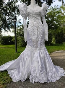 Moonlight Trumpet Mermaid Sz12 Vintage 1991 Train High Neck Puffy Sleeves White - Picture 1 of 21