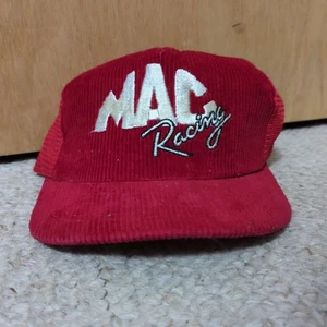Vintage Mac Racing Corduroy Mesh Snapback Red and White Trucker Hat Made in USA - Picture 1 of 7