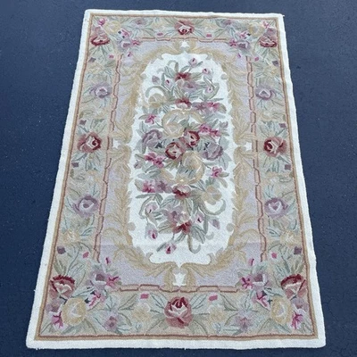 Antique French Handmade Aubusson Floral Wool Rug 65” x 42” in Area Rug - Image 1 of 4