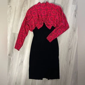 Vintage 1980er rot Seide Studio Cocktail Schleife Dolman Ärmel Kleid Made in Korea - Bild 1 von 10