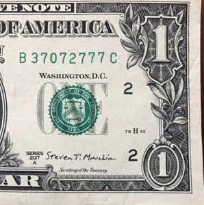 Five of a Kind Lucky 7s One Dollar Schein 2017A ausgefallene Seriennummer B3707 2777C - Bild 1 von 3