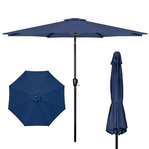 9FT Outdoor Umbrella with 8 Ribs Table Umbrella Push Button Tilt/Crank Dark Blue - Picture 1 of 7