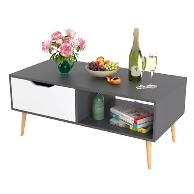 Coffee Table, Grey Modern Tea Table Open Storage Shelves, Two Drawers and Solid - Image 1 of 4