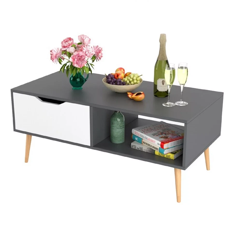Coffee Table, Grey Modern Tea Table Open Storage Shelves, Two Drawers and Solid - Image 1 of 4