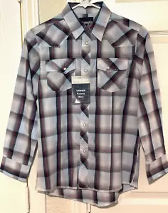 Nwt Wrangler Boy's Long Sleeve Pearl Snap Plaid Western Shirt Blue & Red Large - Picture 1 of 3