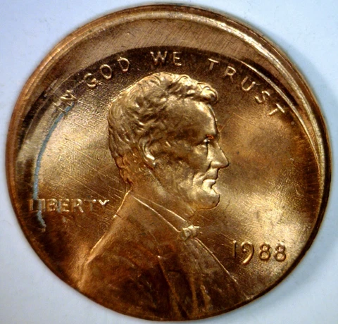 1988 OFF CENTER ERROR Lincoln Cent NICE BU + RED Coin O/C LOT #22   FREE SHIP Cover