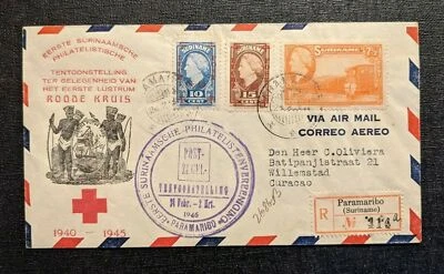 1946 Suriname Roode Kruis FDC Registered Airmail Cover to Willemstad Curacao - Image 1 of 2