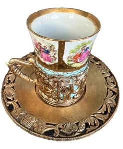 VTG Porcelain Demitasse Coffee Tea Cup Brass Holder and Saucer Japan - Picture 1 of 16