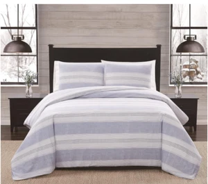 LONDON FOG QUEEN 3 Piece Duvet Sham Set Plaid Flannel Collection Blue Stripe - Picture 1 of 11