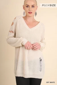 UMGEE V-Neck Knit Sweater Off White Cutout Sleeves Distressed Ripped Lightweight - Picture 1 of 2