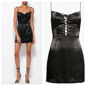 SAU LEE Polly Lace-up Front Satin Mini Slip Dress Black Womens Size 10 - Picture 1 of 12