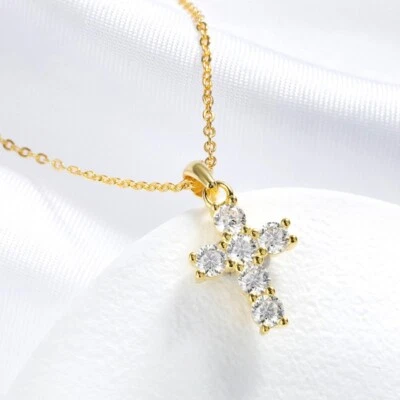 3mm Round Moissanite Cross Pendant Necklace Chain 925 Sterling Silver Hip Hop - Image 1 of 4