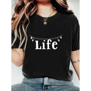 Women's "LIFE" Colorful Printed T-shirt - Casual Round Neck, Short Sleeved Top - Picture 1 of 12