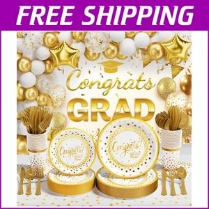 Elegant 245 PCS Graduation Party Supplies Set for 25 Guests - White & Gold - Picture 1 of 10