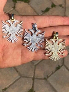 Solid 925 Silver Albanian Kosova Two Headed Eagle Pendant CZ 2" Gold Plated - Picture 1 of 15