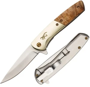 Browning Assisted Folding Knife 2¾" Stainless Steel Blade Wood/Stainless Handle - Picture 1 of 5