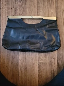 Letisse Vintage Genuine Leather Clutch Bag Purse Navy Blue and Gold Tone Hinged - Picture 1 of 6