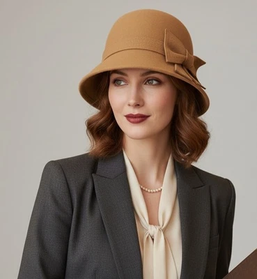 D & Y женщин классический бант акцент шерсти Cloche шляпа Bell-образный желтовато-коричневый верблюд один размер - Изображение 1 из 4