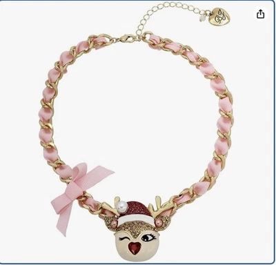 BETSY JOHNSON WINKING REINDEER PENDANT NECKLACE NEW WITH TAGS PINK RIBBON - Image 1 of 4