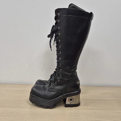 Nuevas Botas Rock M.237 Hasta la Rodilla Cuero Negro Tacón Grueso Gótico Punk Reino Unido 5 UE 38 Foto 1 de 4