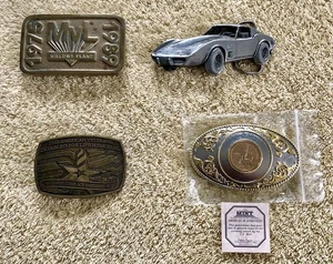 VINTAGE BELT BUCKLE LOT OF 4 BRASS/CORVETT/LIBERTY DOLLAR COIN COLLECTIBLE - Picture 1 of 14