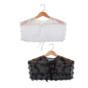 Women Sequins Embroidery Floral Collar Shawl Sheer Shrug Lace Trim Bowknot Cape - Picture 1 of 10
