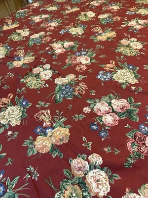Floral Roses Fabric Burgundy Blue Green 52" X 8 Foot Cotton - Image 1 of 4