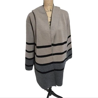 OLIVER O Neutral Hooded Striped Cozy Cardigan Coatigan Heavyweight Plus Size 2X - Image 1 of 4