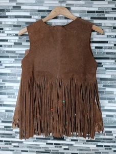 Suede Leather 2 Pc Set Fringe Top & Skirt Vintage Costume Pocahontas Props  - Picture 1 of 11