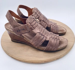 Sandalias Taos Tradition para mujer 8,5 marrón tejido cuero con cordones cuña Peep - Imagen 1 de 12