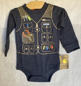 CARHARTT Baby Navy Heathered Fishing Vest Graphic Long Sleeve Bodysuit 9M or 18M - Picture 1 of 6