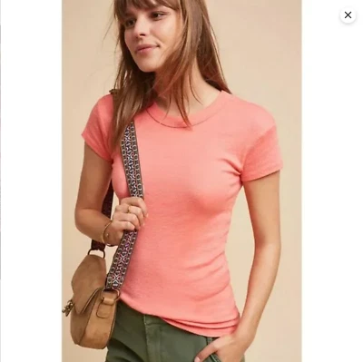 Michael Stars Womens OS One Size Coral Orange Fallon Shine Shimmer Tee Tshirt SS - Image 1 of 4