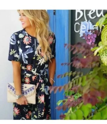 Mono corto ANN TAYLOR azul marino flor salvaje floral cintura corbata pierna ancha talla 2 pequeño Foto 1 de 4