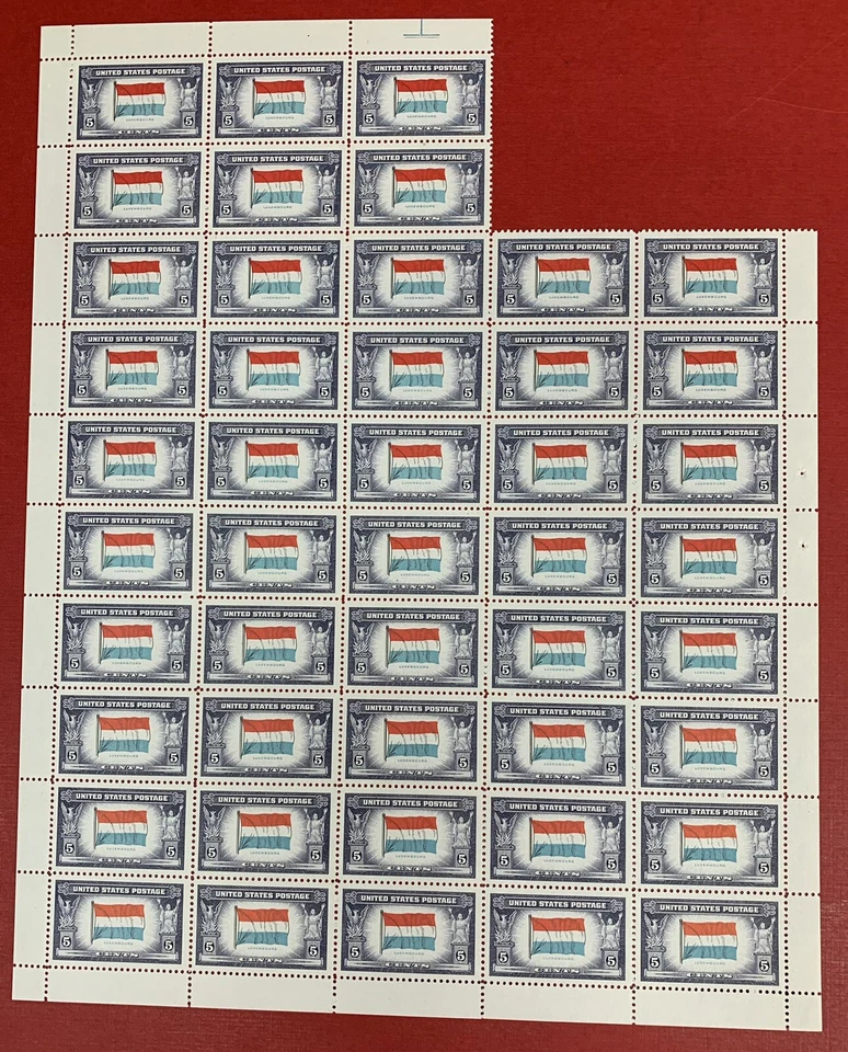 U.S., Scott #912b Part Sheet of 46, Luxembourg, Reverse Printing of Flag Colors - Image 1 of 2