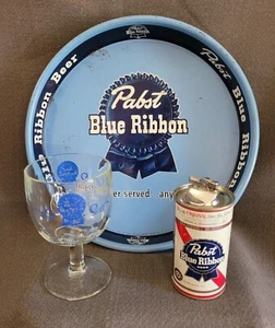 PABST BLUE RIBBON BEER METAL SERVING TRAY+ Lighter, Mug Glass VINTAGE LOT - Picture 1 of 14