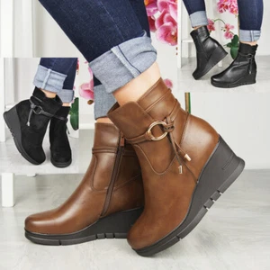 Botas de cuña al tobillo damas mujeres cremallera media pantorrilla cálidas forradas elegantes zapatos cómodos tallas - Imagen 1 de 25