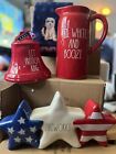 Rae Dunn 4th of July bundle: let freedom ring bell, red white & booze pitcher &
