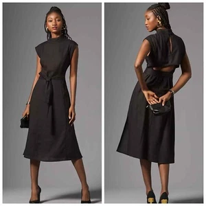 Anthropologie Porridge Midi Dress M Waist Tie Belt High Neck Back Cutout Black - Picture 1 of 11