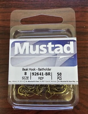 50 MUSTAD 92641-BR SIZE 8 Beak Hook Baitholder Forged Offset Down Eye Bronze - Image 1 of 2