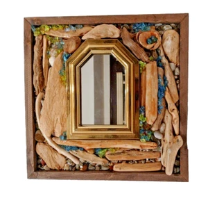 Handmade 12x12 Gold Frame Wall Mirror Accented w Lake Erie Driftwood Beach Glass - Picture 1 of 6